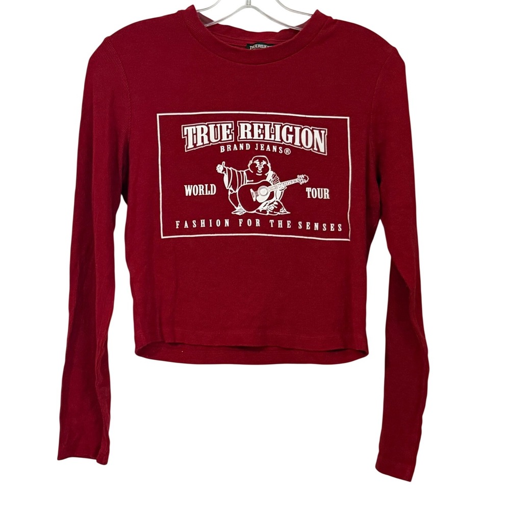 True Religion Ribbed LS Baby Tee Womens Size L Red Buddha Graphic Y2K Streetwear